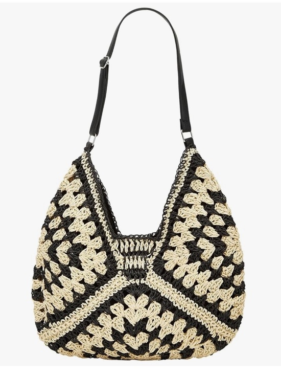 Handbags - Straw Crochet Hobo Shoulder Bag Black Natural Woven Beach Tote Boho